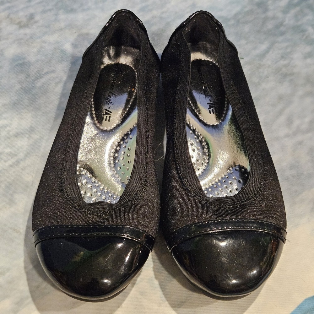 American Eagle Girls Ballet Flats Size 12.5 Black Cap Toe Slip On Dress Shoes